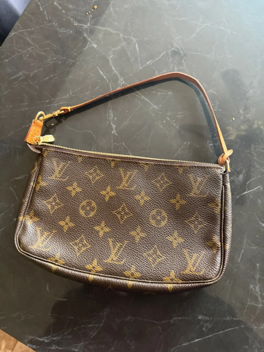 Louis Vuitton Monogram Canvas Mini Pochette with Tan Strap - Picture 10 of 12
